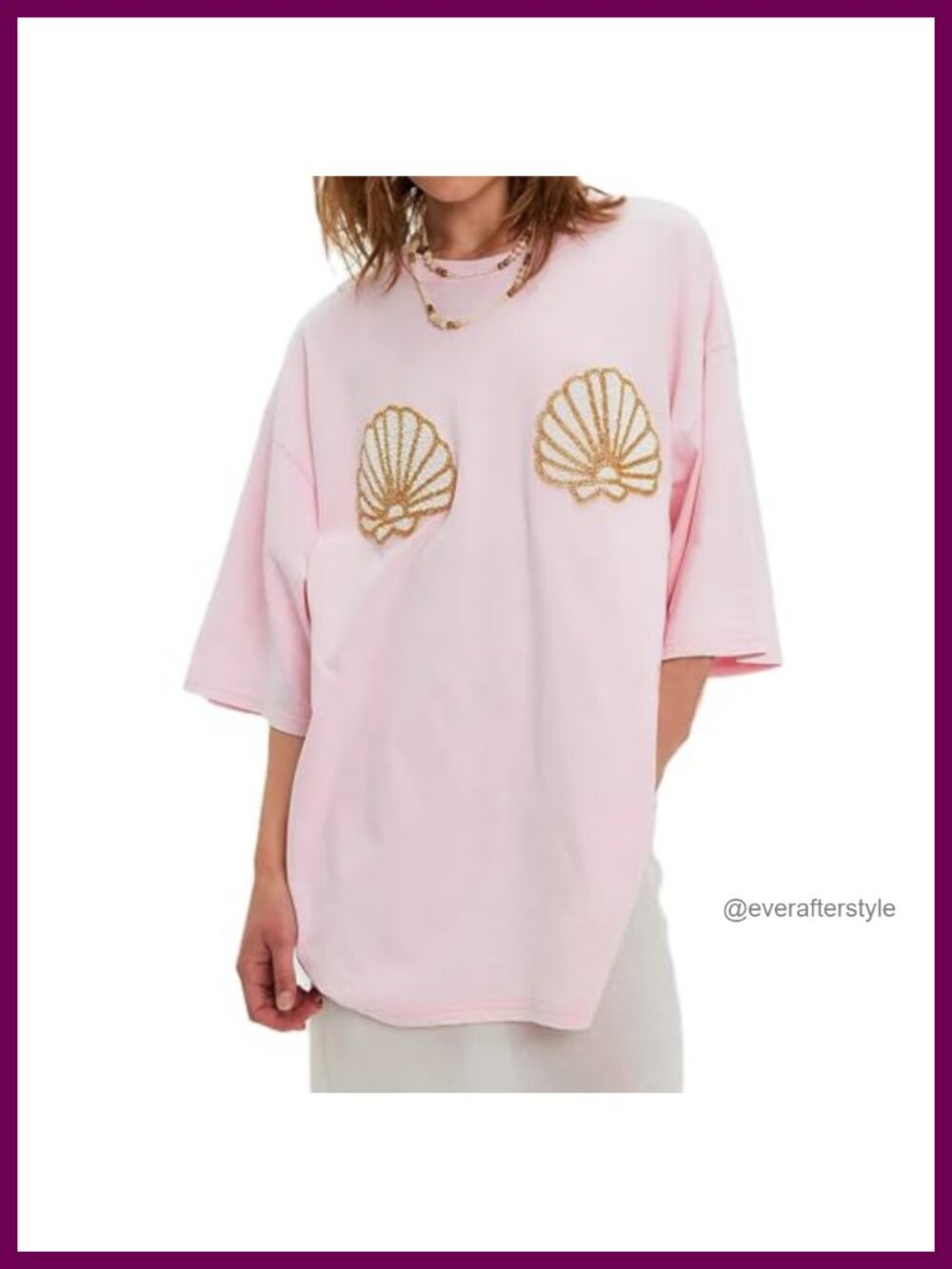 Womens Oversized Seashell Graphic Tee Short Sleeve Crew Neck Summer T-Shirts